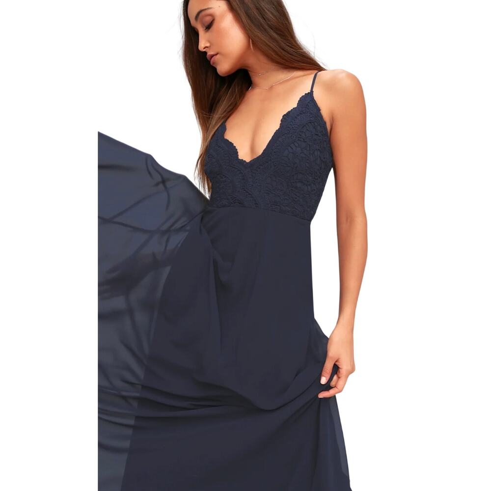 NWT LULU’s Women’s Navy Blue Chiffon Lace Maxi Full Length Dress Gown - Picture 3 of 9